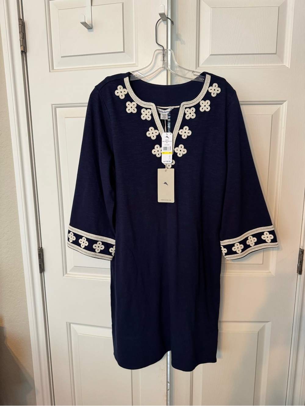 Tommy Bahama Navy Midi Tunic Dress with Cream Embroidery